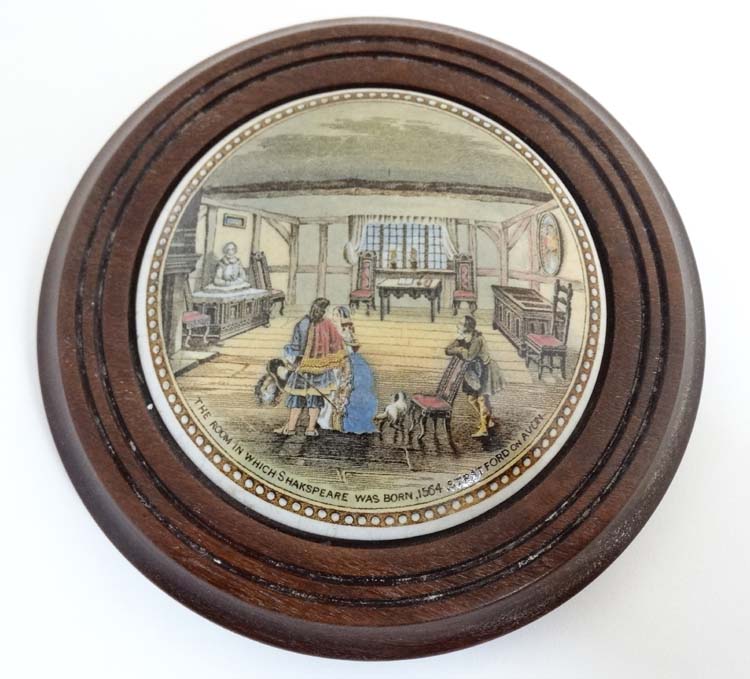 A 19thC Prattware pot lid ''The Room in which Shakespeare was born, 1564,