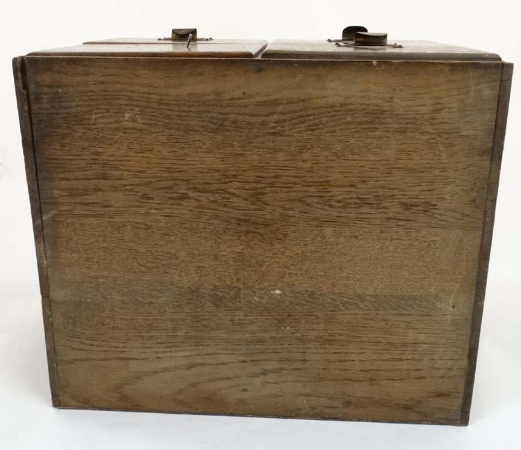 An early 20th C oak four drawer table top filing cabinet, with sliding sections within, - Image 3 of 7