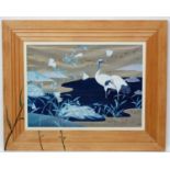 Oriental Screen print, Two cranes, With decorated stepped frame.