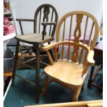 A child's bow back Winsdor arm chair together with a high chair CONDITION: Please