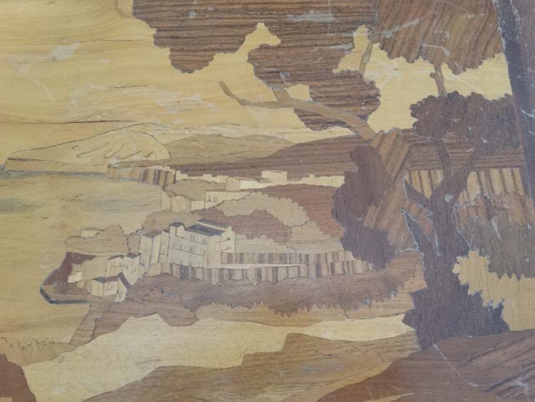 An early 20thC Rowley type wooden topographical parquetry panel depicting a figure near cliffs 12 - Image 3 of 3