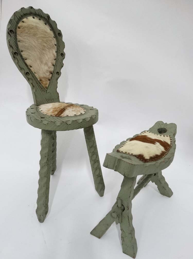 Green painted cowhide upholstered single spinning chair with a matching foot stool - Image 3 of 3