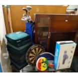 A quantity of sporting equipment comprising ten Wimbeldon cushions, a dart board,