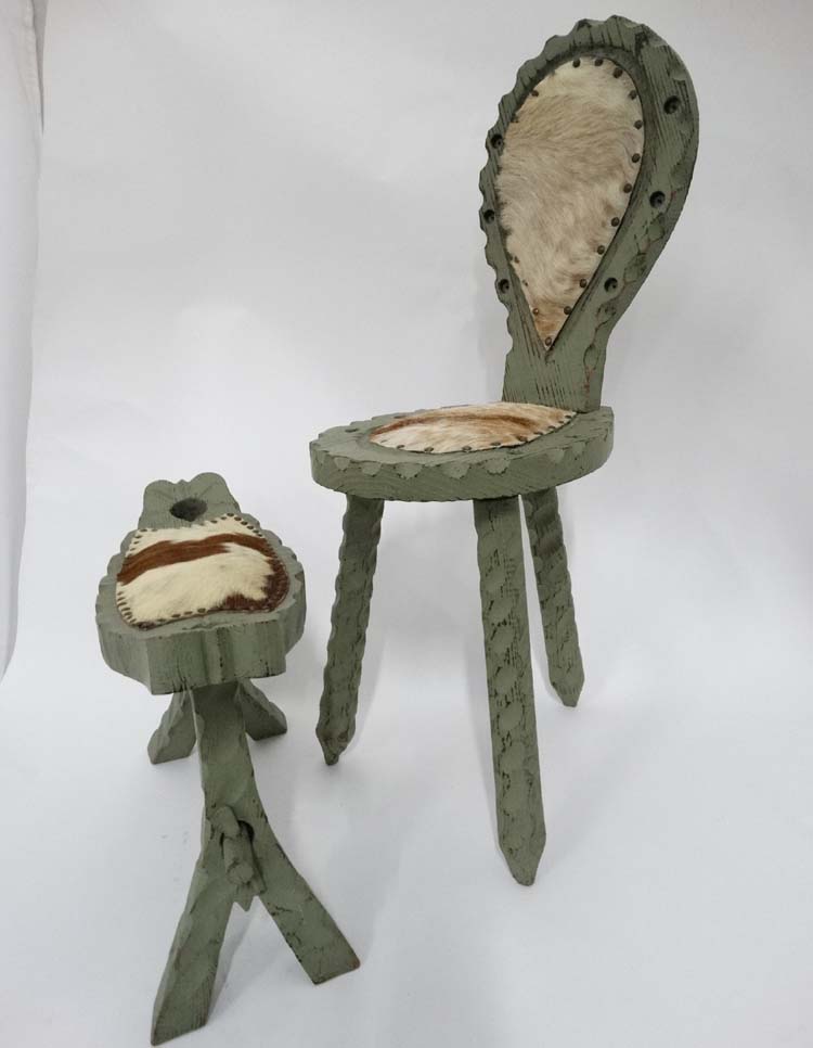 Green painted cowhide upholstered single spinning chair with a matching foot stool - Image 2 of 3