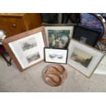 Carved hardwood dish and a collection of four pictures CONDITION: Please Note - we