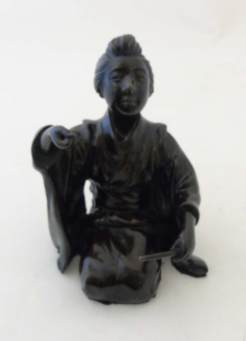 A 19thC Japanese Meiji patinated bronze in the form of a female kneeling. - Image 5 of 12