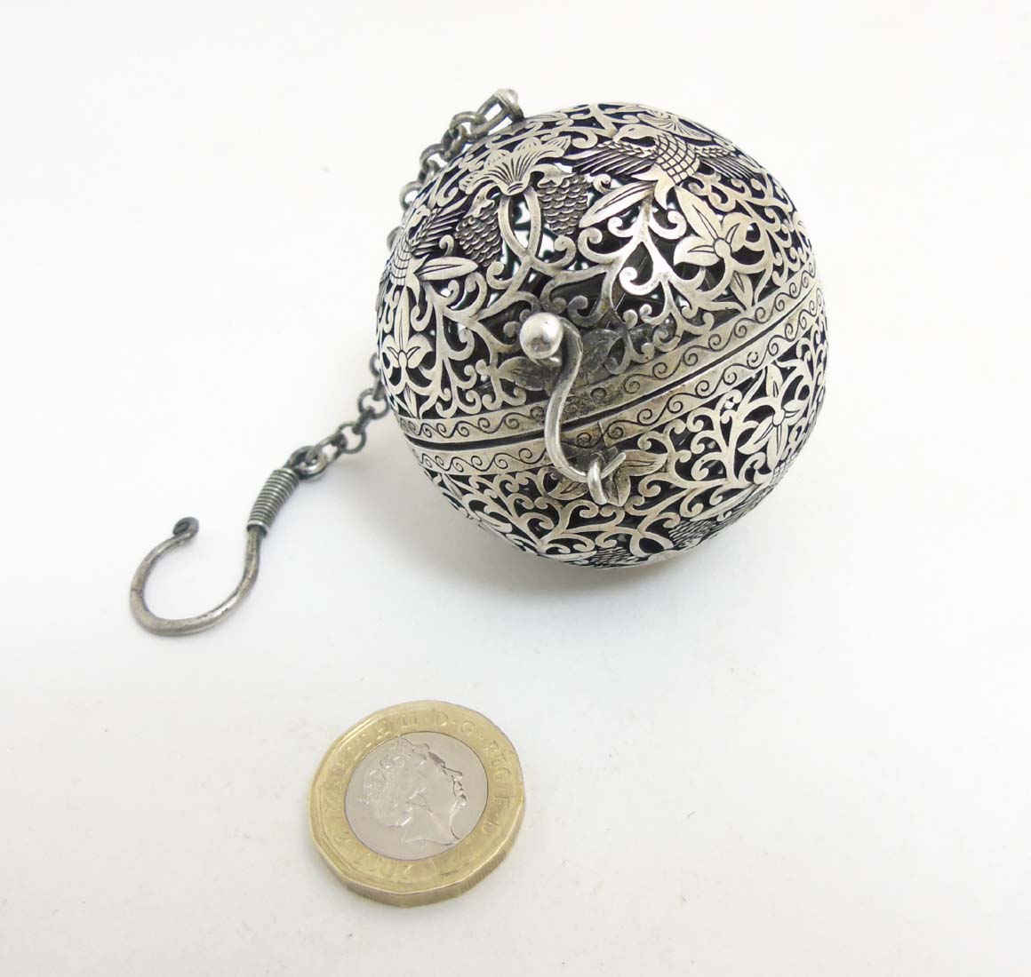 A Chinese white metal Sensor Ball with pierced decoration of birds etc 2 1/4" diameter - Image 2 of 6