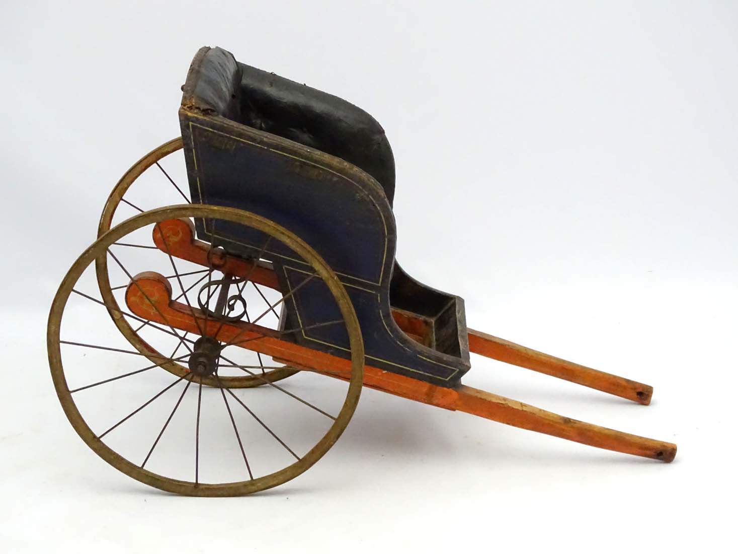 A Victorian Dog Cart with upholstered button back leather seat, hand painted wooden shafts, - Image 2 of 6