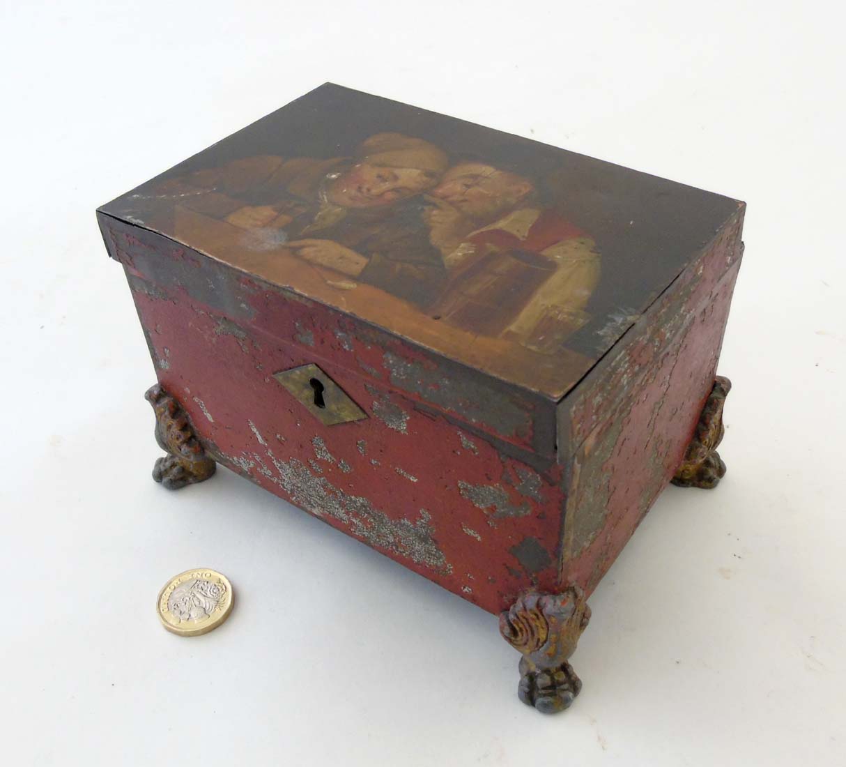 A 19thC tolepeint topped painted Dutch teacaddy 5 5/8" wide x 3 3/4" high CONDITION: