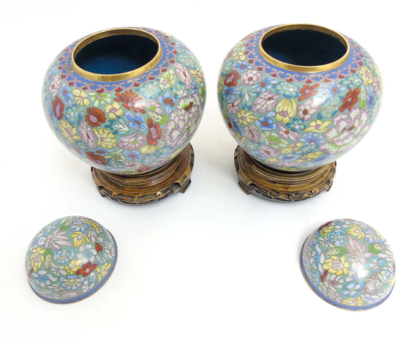 A pair of cloisonne gilt brass Ginger jars on stands with floral decoration. - Image 4 of 9