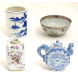Four assorted Chinese ceramics comprising a blue underglaze brush pot with a mountainous landscape,