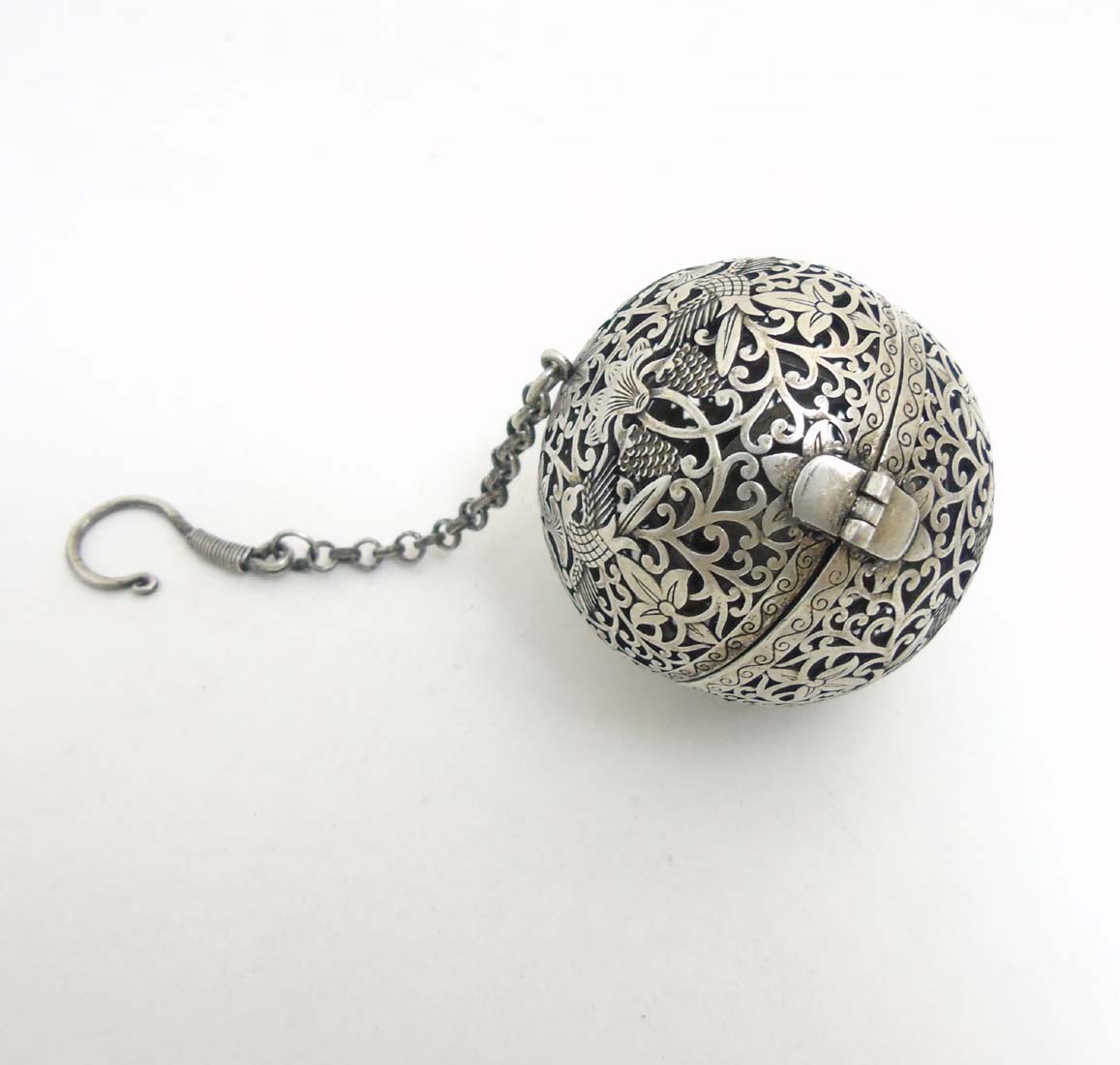 A Chinese white metal Sensor Ball with pierced decoration of birds etc 2 1/4" diameter - Image 3 of 6