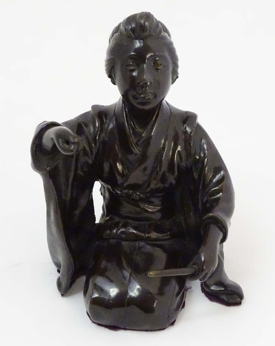A 19thC Japanese Meiji patinated bronze in the form of a female kneeling. - Image 2 of 12