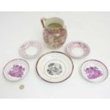 A quantity of 19thC Sunderland pink lustre items comprising a water jug with marbleized effect