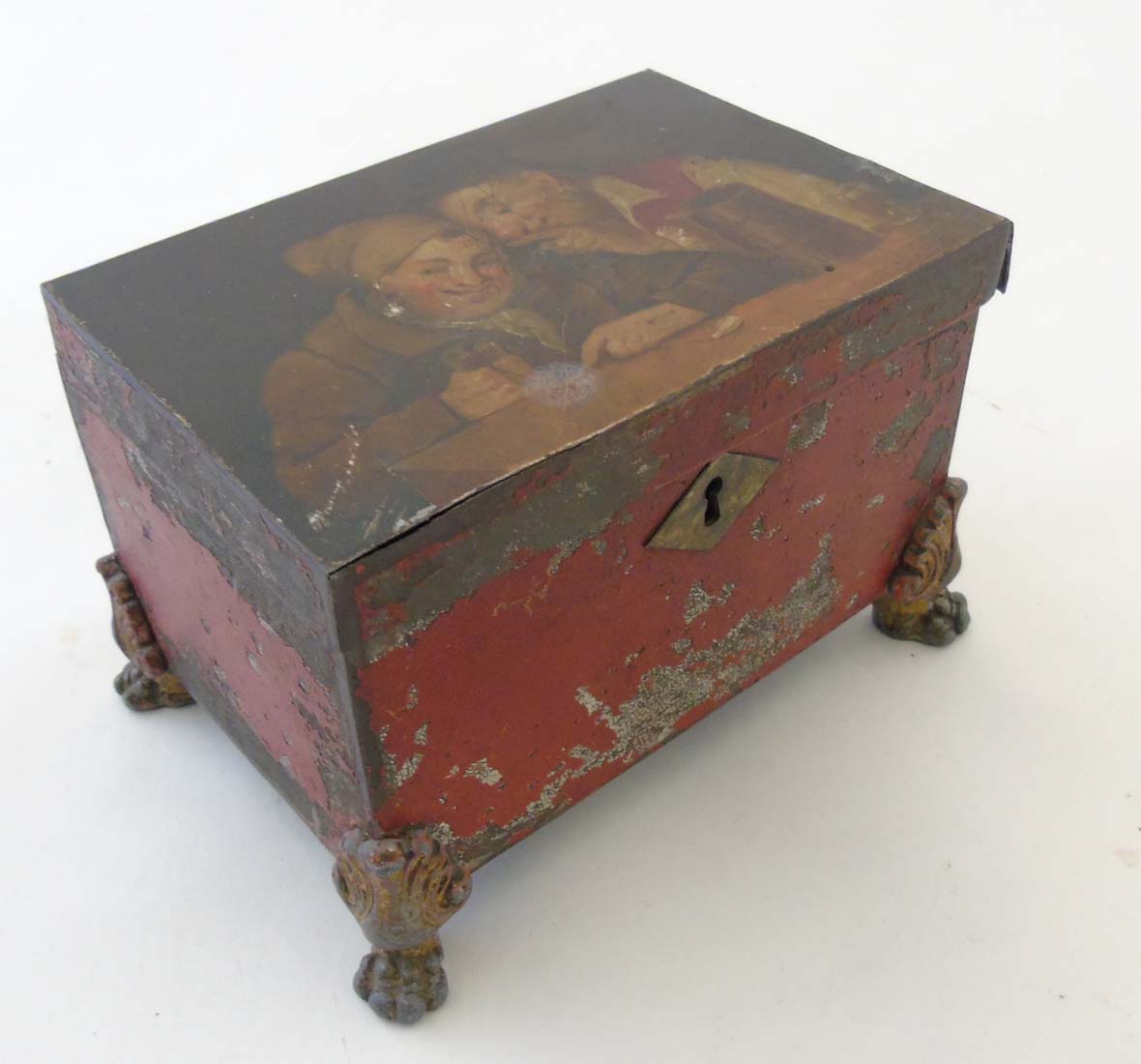 A 19thC tolepeint topped painted Dutch teacaddy 5 5/8" wide x 3 3/4" high CONDITION: - Image 4 of 7