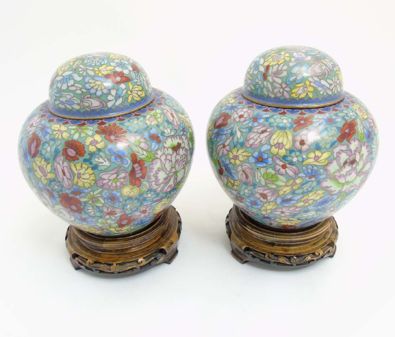 A pair of cloisonne gilt brass Ginger jars on stands with floral decoration. - Image 2 of 9