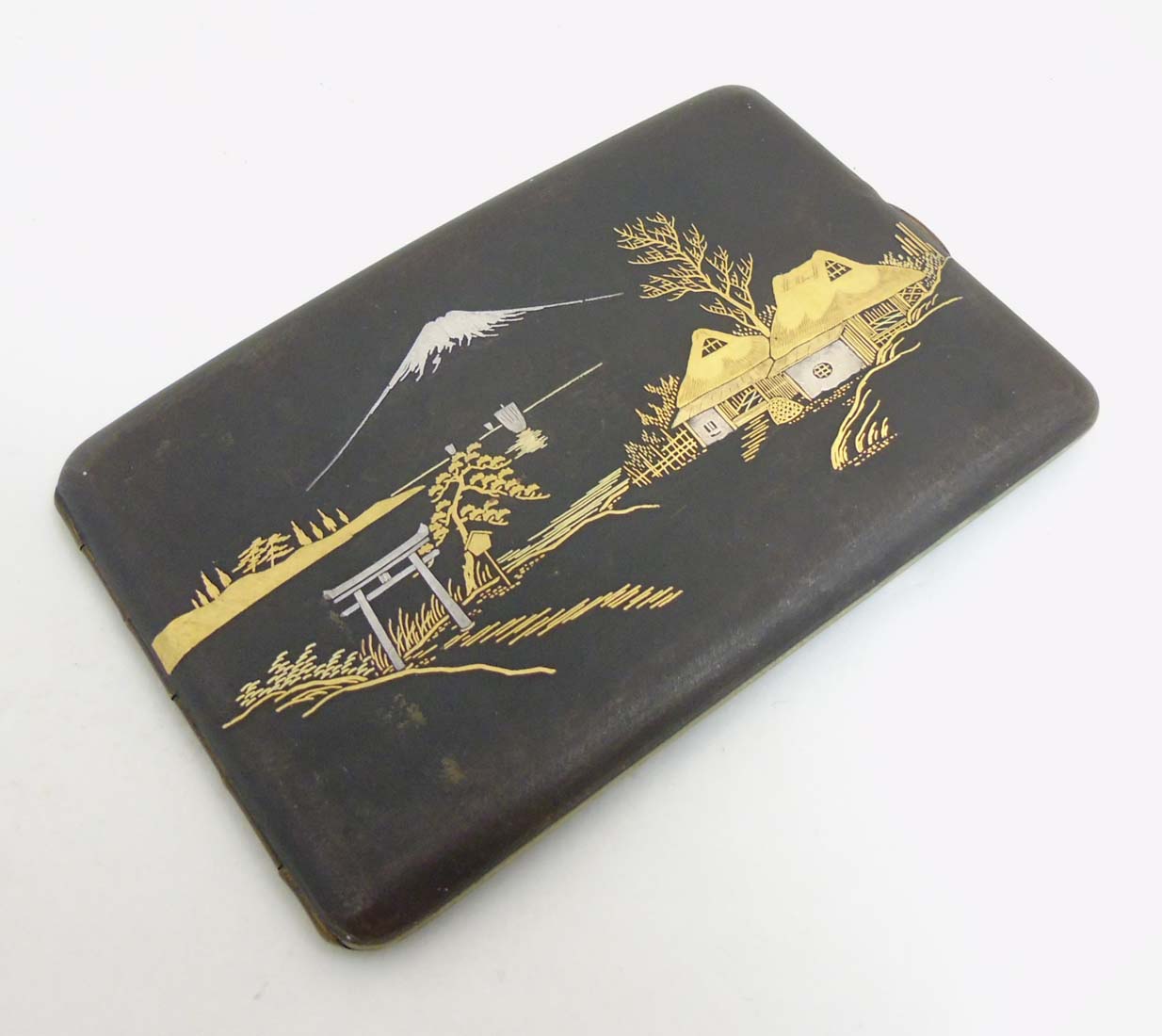 An early 20thC Japanese Amita hip formed cigarette case with damascene style decoration depicting - Image 2 of 8