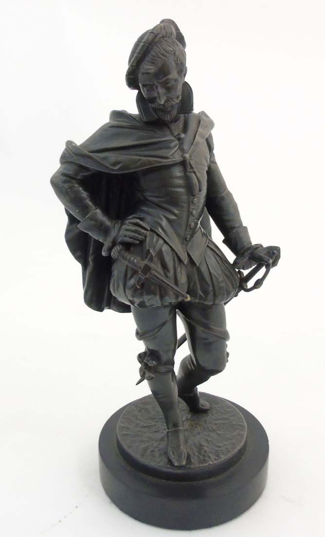 A 20thC Spelter figure of an Elizabethan Gentleman with sword, dagger etc. - Image 6 of 8