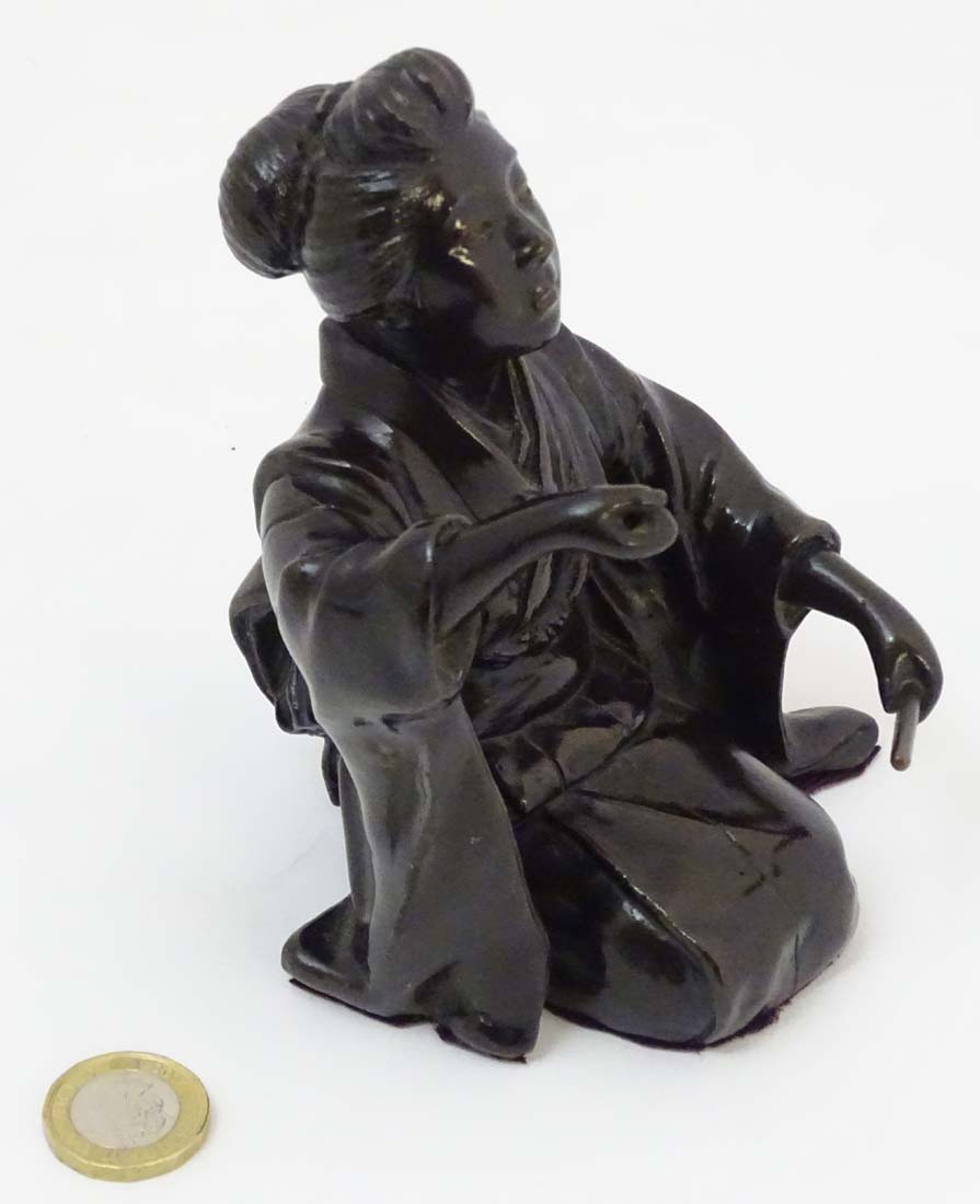 A 19thC Japanese Meiji patinated bronze in the form of a female kneeling. - Image 10 of 12