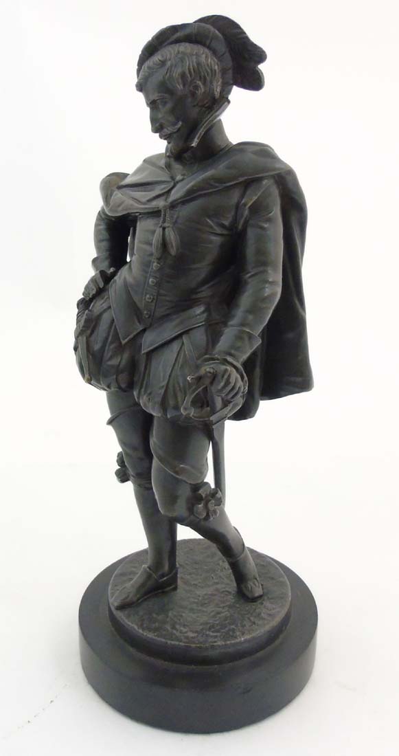 A 20thC Spelter figure of an Elizabethan Gentleman with sword, dagger etc. - Image 3 of 8