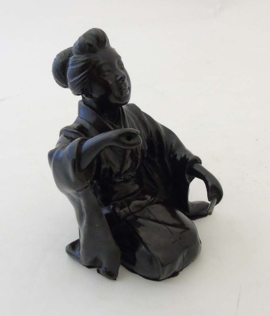 A 19thC Japanese Meiji patinated bronze in the form of a female kneeling. - Image 4 of 12