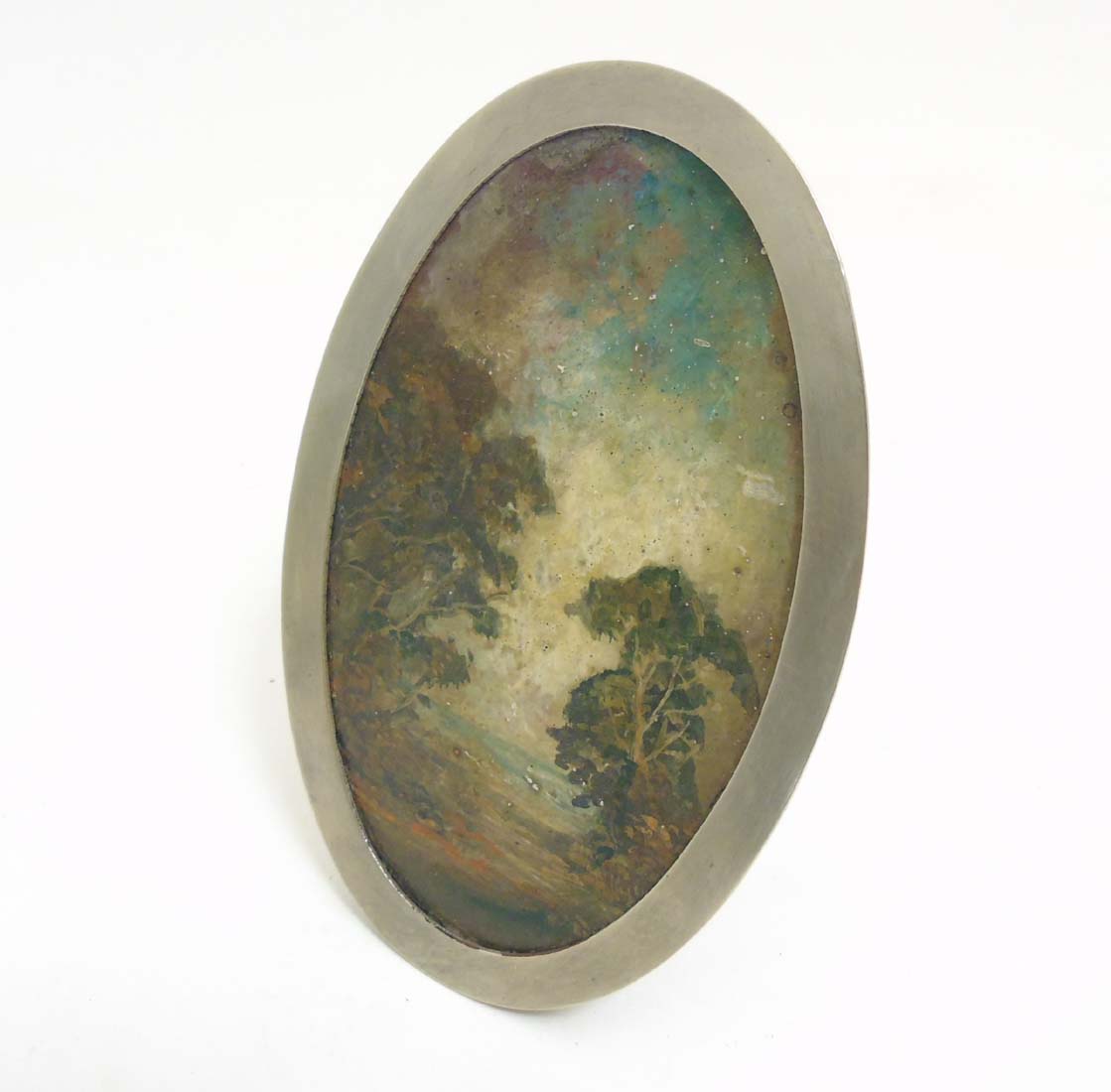 C.1900 Oil on card, landscape scene within an oval silver plate adjustable easel / strut frame. - Image 2 of 7