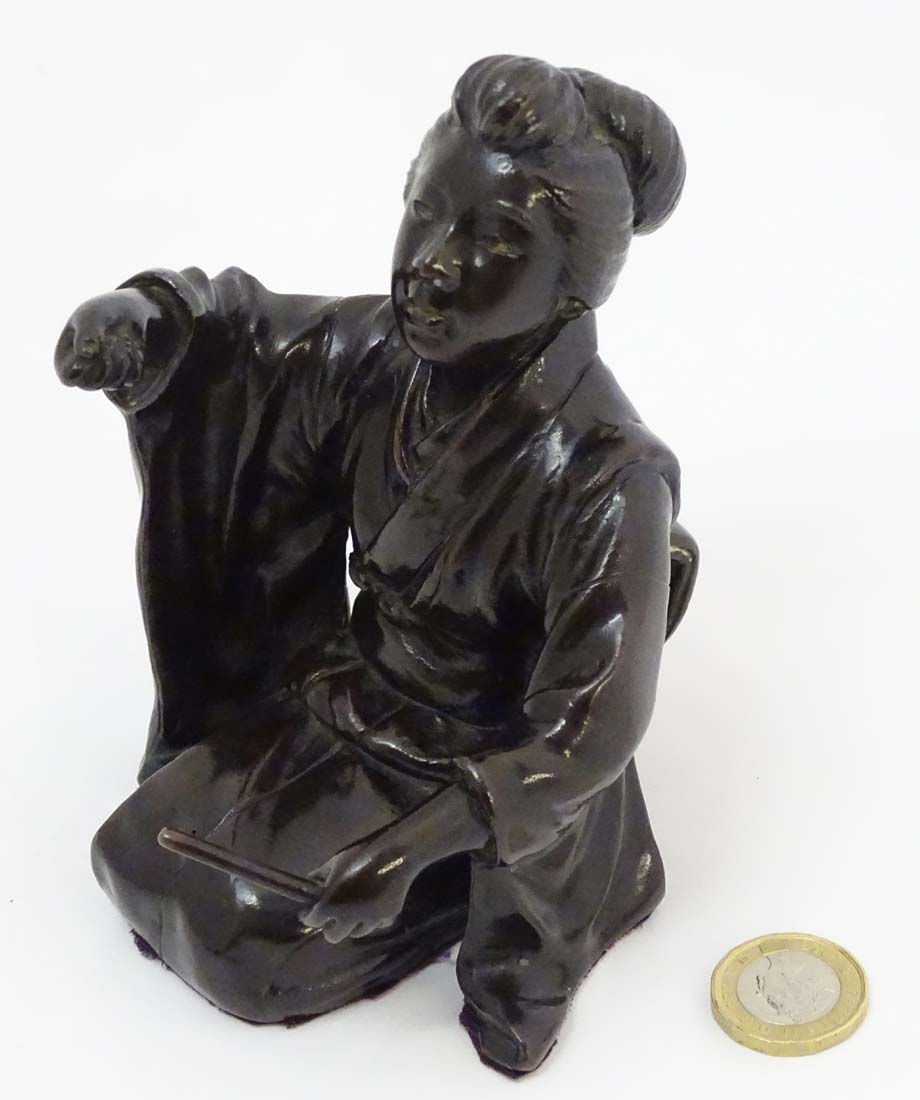 A 19thC Japanese Meiji patinated bronze in the form of a female kneeling. - Image 9 of 12