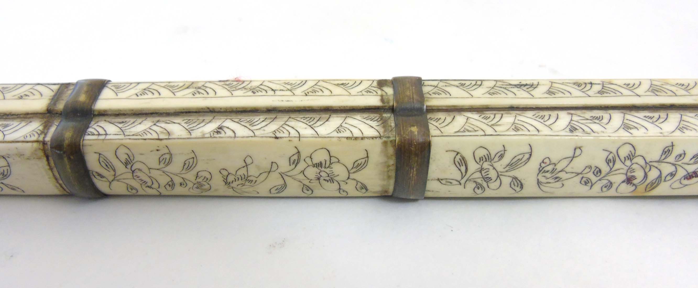 A Meiji period Japanese brass and decorated bone case containing chopsticks and knife handle. - Image 3 of 8