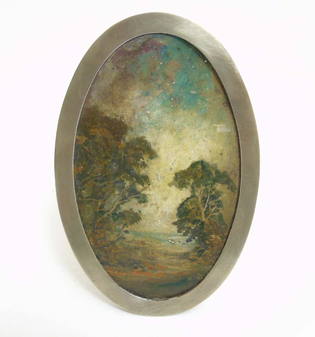 C.1900 Oil on card, landscape scene within an oval silver plate adjustable easel / strut frame. - Image 3 of 7