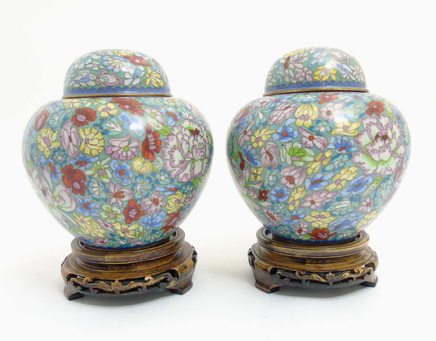 A pair of cloisonne gilt brass Ginger jars on stands with floral decoration. - Image 3 of 9