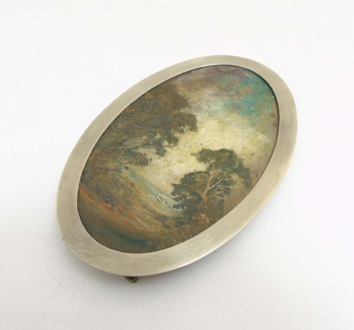 C.1900 Oil on card, landscape scene within an oval silver plate adjustable easel / strut frame. - Image 7 of 7