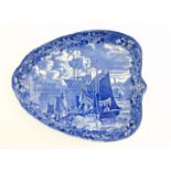 A late 19thC / early 20thC Wedgwood Etruria blue transfer dish in the shape of a leaf,