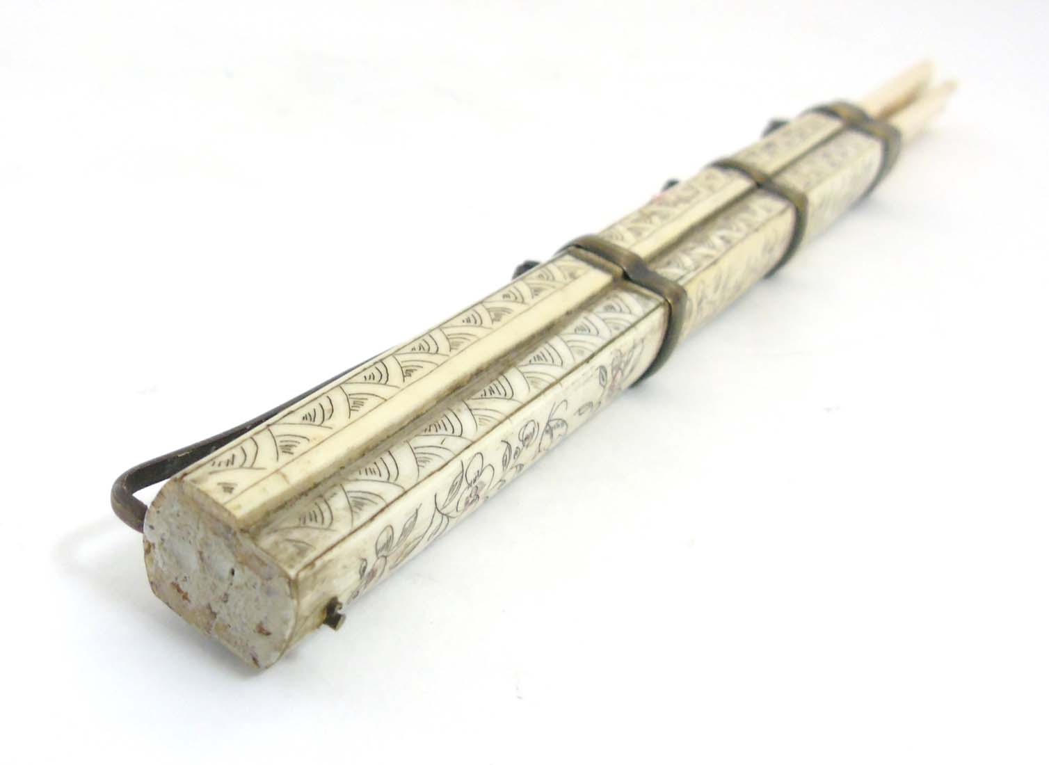A Meiji period Japanese brass and decorated bone case containing chopsticks and knife handle. - Image 2 of 8