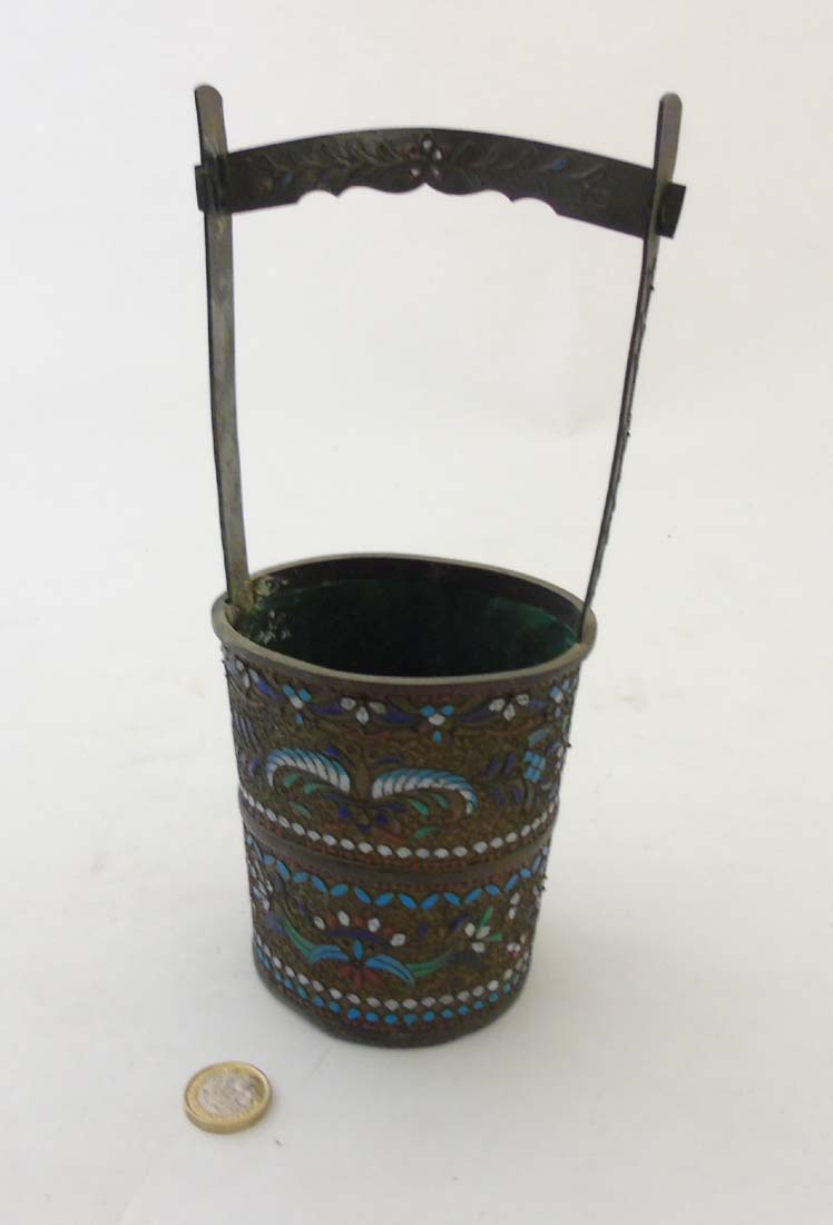 A late 18thC /early 19thc Russian bucket / pale with polychrome enamel decoration in the champleve