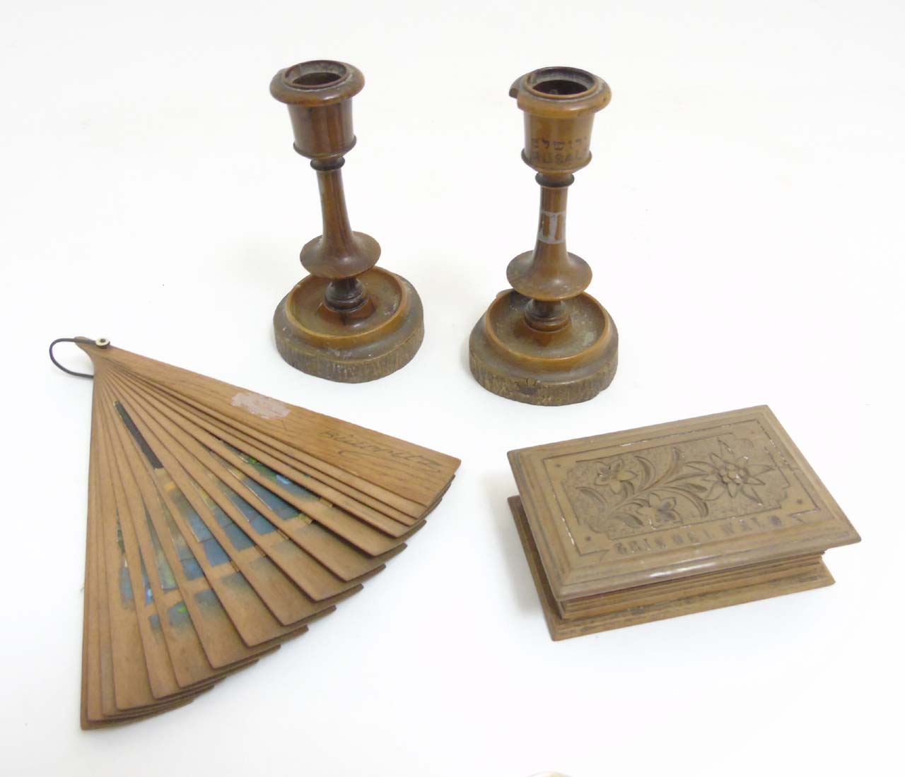 Treen Souvenir : A pair of olive wood candlesticks marked ' Jerusalem' , - Image 7 of 9