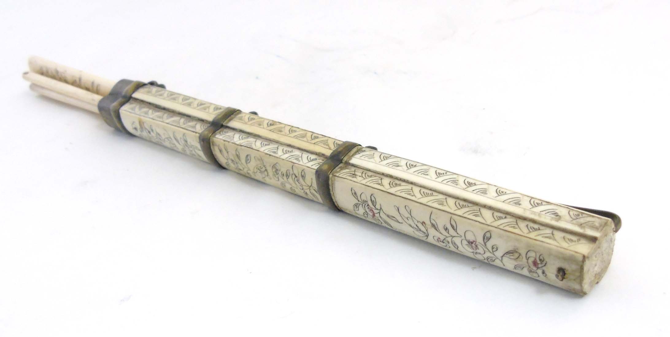 A Meiji period Japanese brass and decorated bone case containing chopsticks and knife handle. - Image 8 of 8