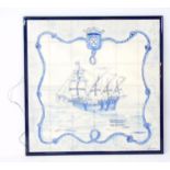 A framed Portuguese Azulejo display picture of a Caravel ship sailing,