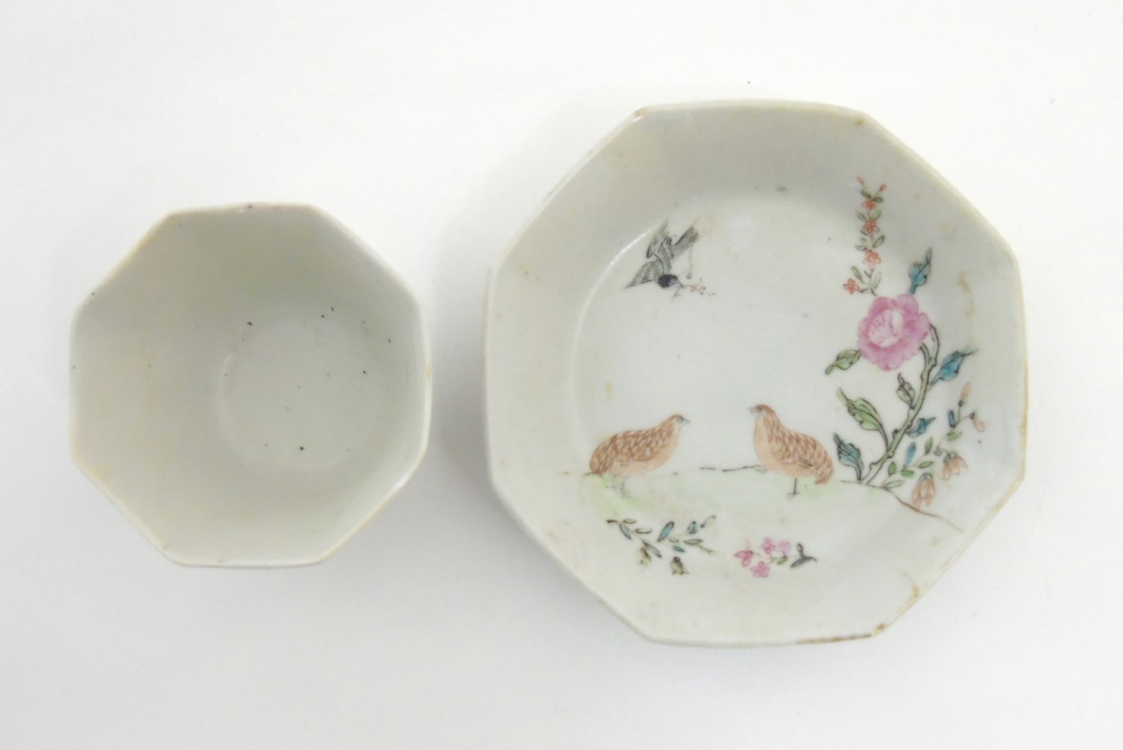 A Chinese Famille Rose octagonal cup and saucer depicting partridges amidst peonies on white ground, - Image 2 of 7