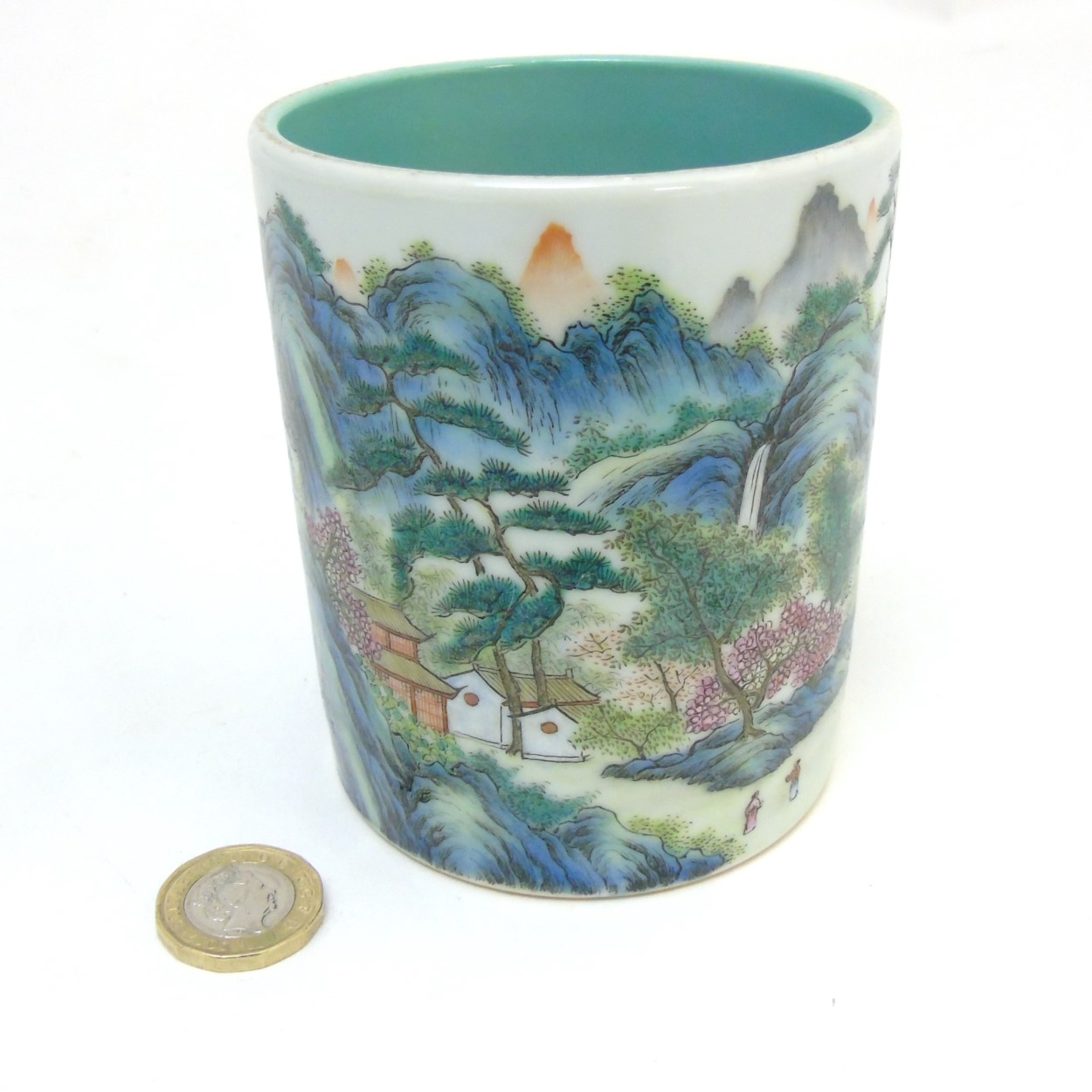 A Chinese famille rose brush pot painted in enamels depicting a continuous landscape scene of - Image 4 of 8