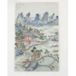 A Chinese Famille Rose enamelled wall plaque depicting a large Oriental scene of rice farmers,