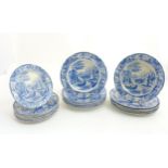 An early 19thC set of Blue & White transferware 'Canton River Scene' plates comprising dinner