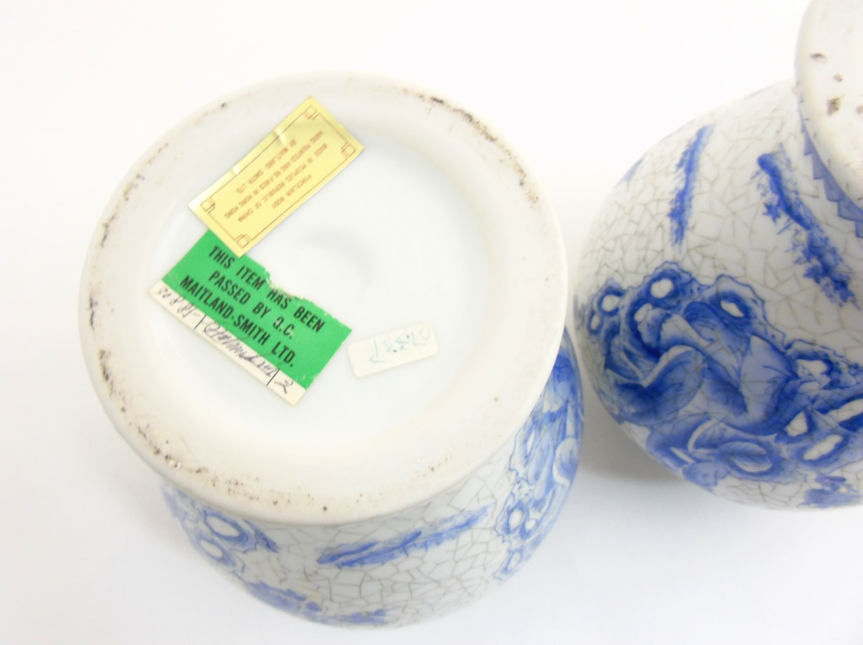 A pair of Maitland Smith blue and white oriental lidded vases with craquelure style decoration, - Image 9 of 9