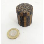 A Tunbridge 19thC stick ware parquetry games counter box of cylindrical form with screw lid.