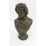 A late 19thC bronze sculpture bust of Beethoven on integral socle 16 1/4" high