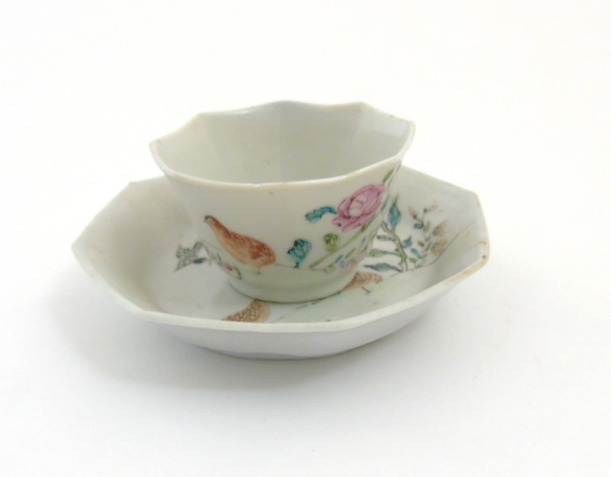 A Chinese Famille Rose octagonal cup and saucer depicting partridges amidst peonies on white ground, - Image 4 of 7