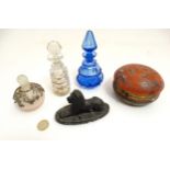 Assorted glassware to include three various scent bottles, one with sycamore key decoration,