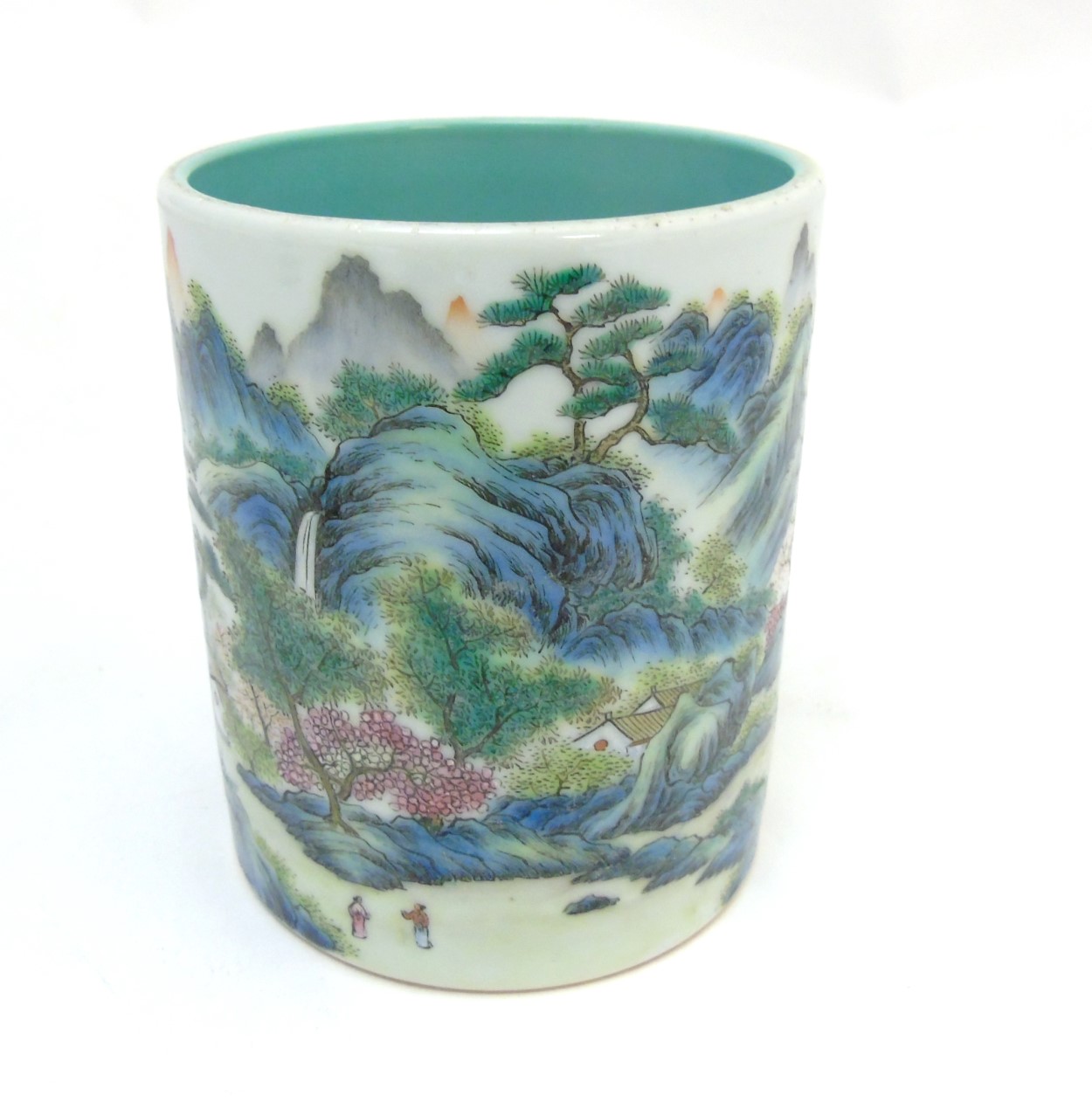 A Chinese famille rose brush pot painted in enamels depicting a continuous landscape scene of - Image 7 of 8