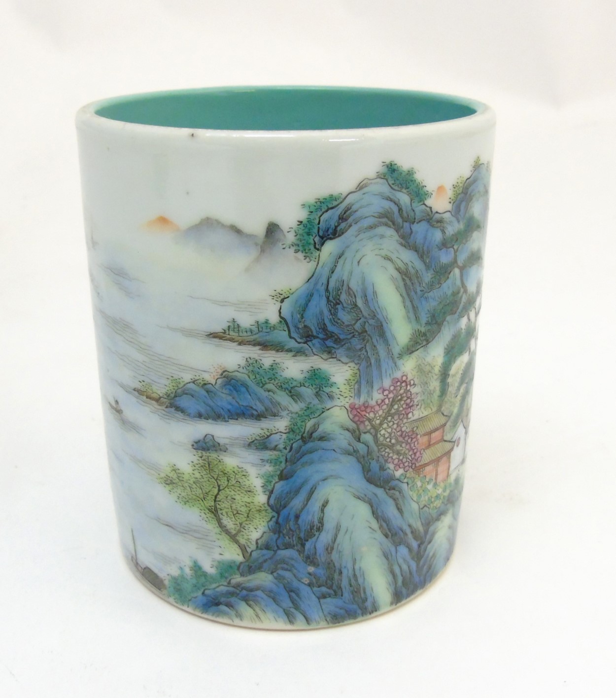 A Chinese famille rose brush pot painted in enamels depicting a continuous landscape scene of - Image 6 of 8