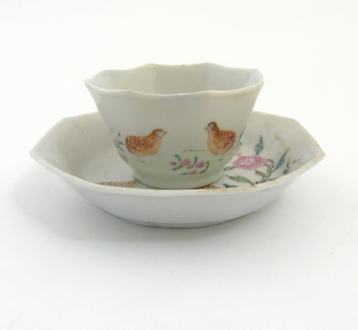 A Chinese Famille Rose octagonal cup and saucer depicting partridges amidst peonies on white ground, - Image 6 of 7