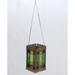 Edwardian Hall Lantern : a stained glass and brass square pendant lamp with clear glass under ,